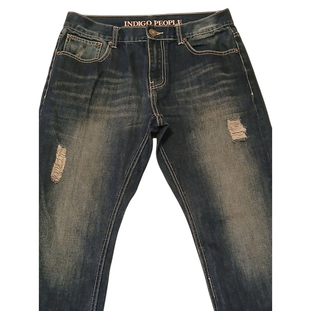 Indigo People Men's Jeans 32x30 Blue Distressed Straight Leg Denim Pants Embroid